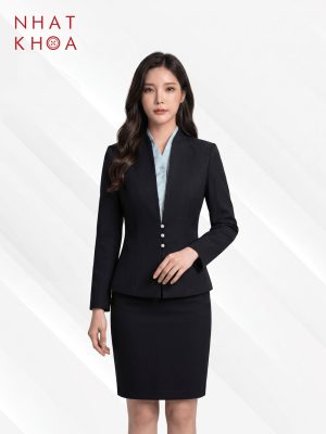 Đồng Phục Lễ Tân Navy Phối Họa Tiết Xanh