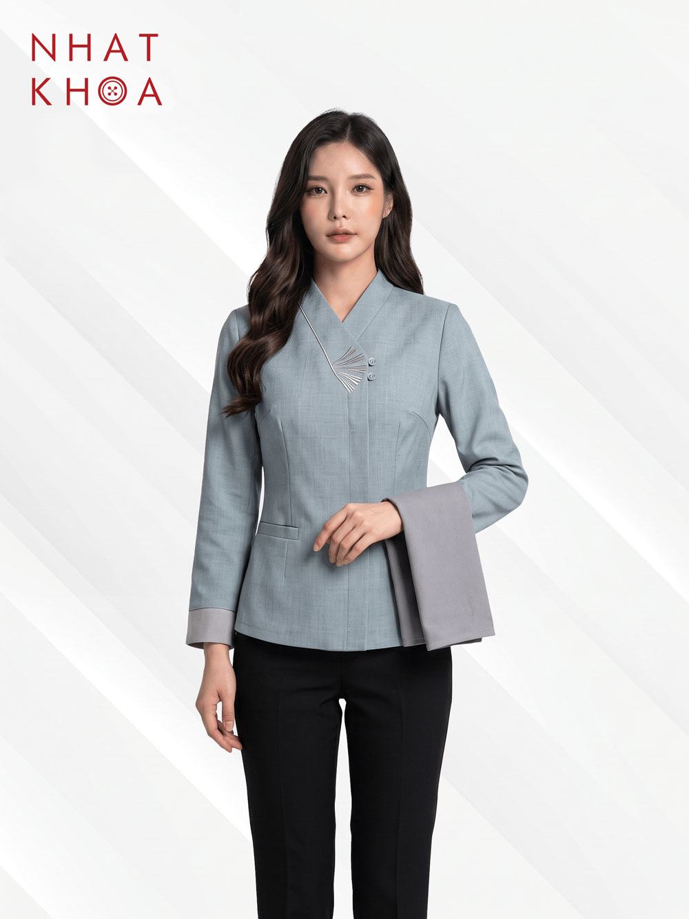 Áo Đồng Phục Tạp Vụ Xám Xanh Cổ Chữ V