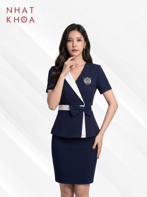 Đồng Phục Ngân Hàng Vest Cổ Chữ V Đính Nơ Eo