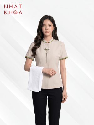 Áo Đồng Phục Tạp Vụ Kem Phối Viền Xanh
