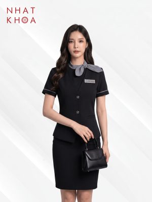 Đồng Phục Ngân Hàng Vest Cổ Chữ V Phối Khăn Lụa