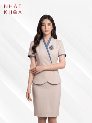 Đồng Phục Lễ Tân Kem Phối Viền Xanh