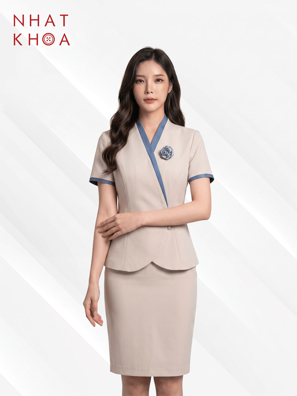 Đồng Phục Lễ Tân Kem Phối Viền Xanh